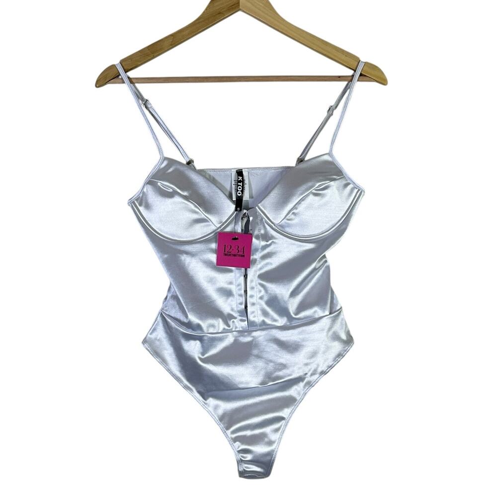 NWT K Too Corset Bodysuit Womens S White Satin Stretch Sexy Y2K Glam Night Out